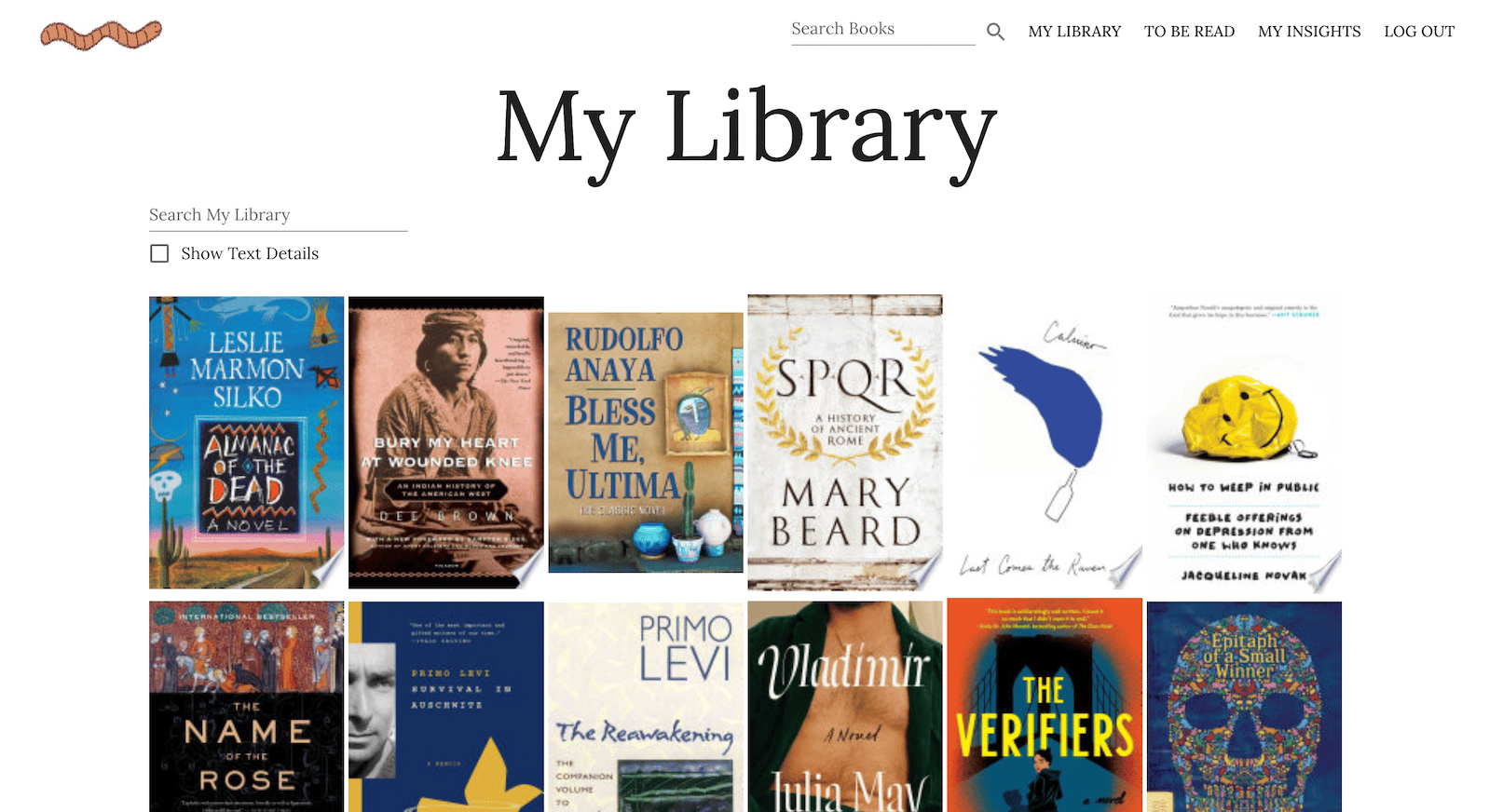 homescreen that shows grid of books